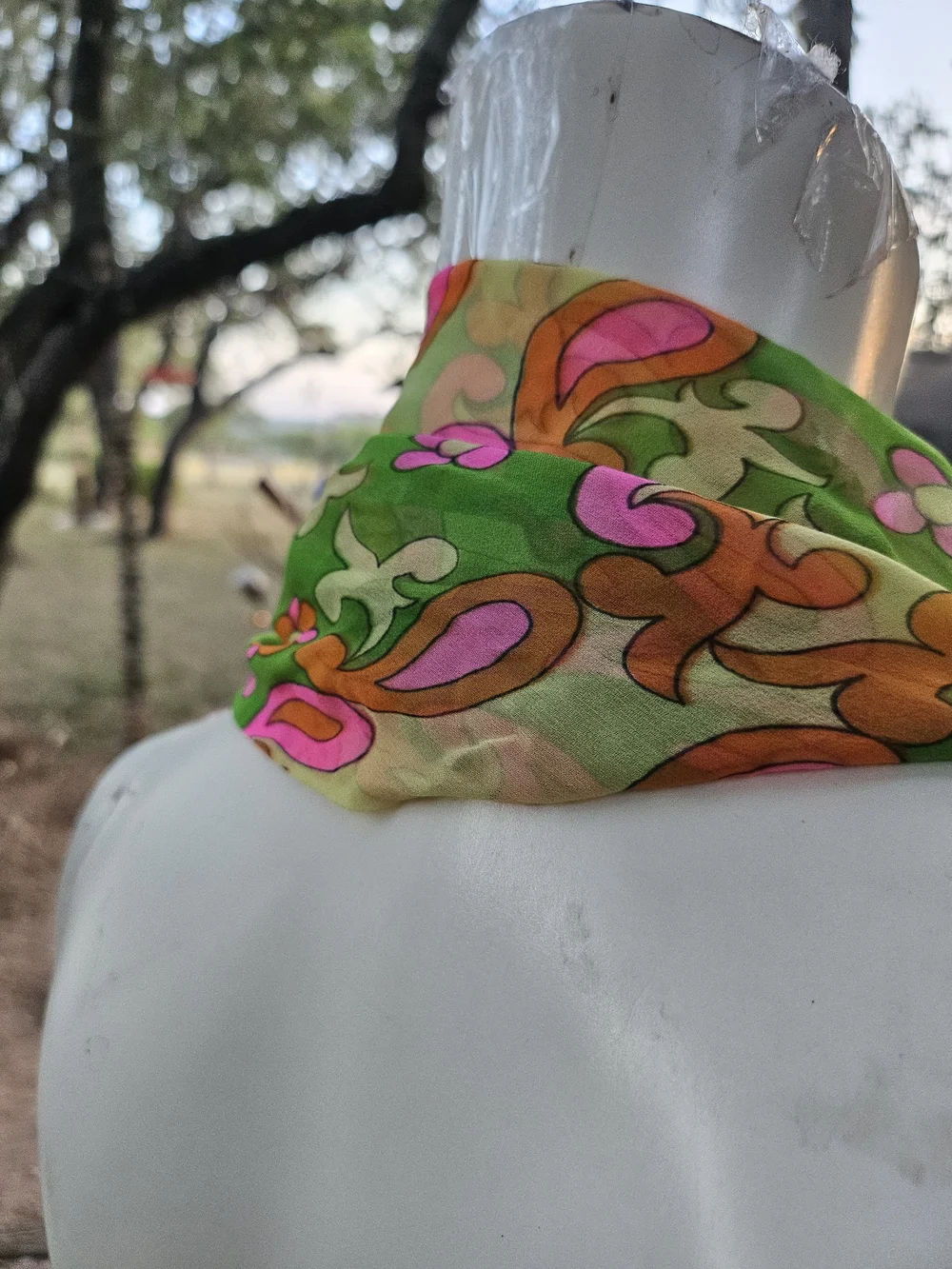 Vintage All Silk Made In Japan Retro Green Pink Floral Paisley Infinity Scarf